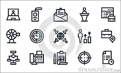 job resume line icons. linear set. quality vector line set such as deadline, planning, diagram, focus, fax, target, career, speech Vector Illustration