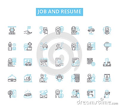 Job and resume linear icons set. Employment, Career, Application, Experience, Qualifications, Credentials, References Vector Illustration