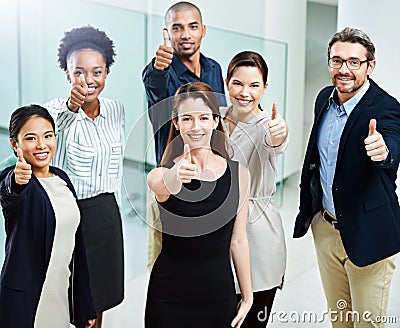 Job satisfaction is a great motivator. High angle portrait of a group of businesspeople standing together and showing a Stock Photo