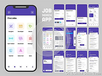 Job Search App UI Kit for Responsive Web Template with Different Application Layout Including Create Account, Job Vacancy, Vector Illustration