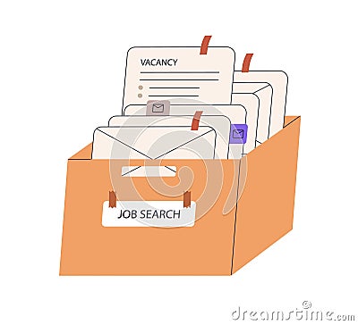 Job search box with offers, vacancies. Available vacant positions, inbox mail letters, CV responses. Employment Vector Illustration