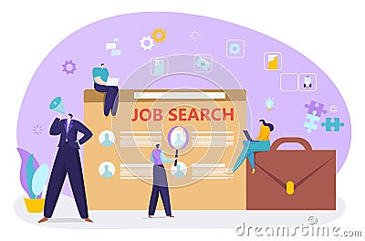Job search, career recruitment at internet, vector illustration, flat tiny man woman character look for hiring Vector Illustration