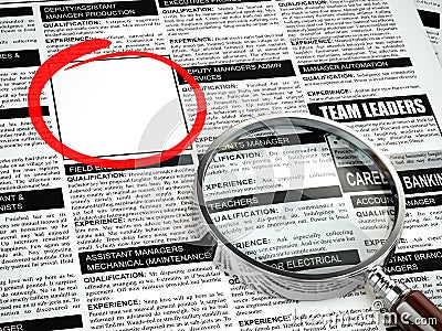 Job search concept. Loupe, newspaper with employment advertisements. Stock Photo