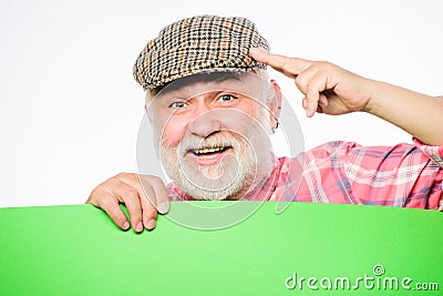 Job search. Need help. happy mature man in retro hat. Advertisement. Advertisement shop. wanted. Copy space placate Stock Photo