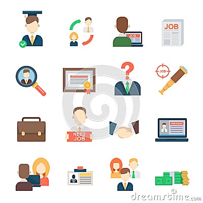 Job search set office human resourses recruitment employment work meeting manager vector icons of labor Vector Illustration