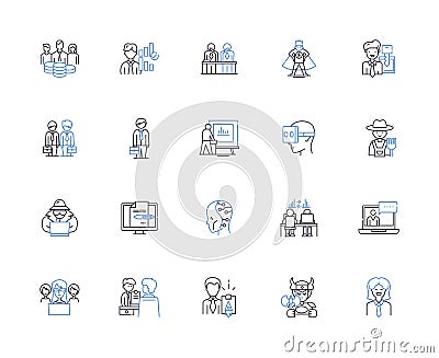 Job searching outline icons collection. Job hunting, Recruiting, Applying, Interviewing, Networking, Contracting Vector Illustration