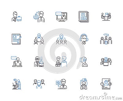 Job searching outline icons collection. Job hunting, Recruiting, Applying, Interviewing, Networking, Contracting Vector Illustration