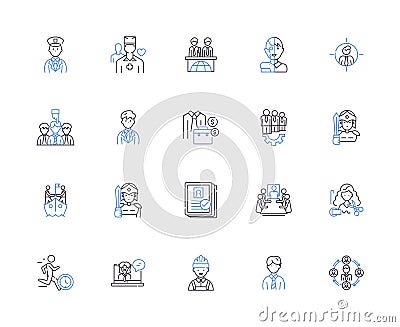 Job searching outline icons collection. Job hunting, Recruiting, Applying, Interviewing, Networking, Contracting Vector Illustration