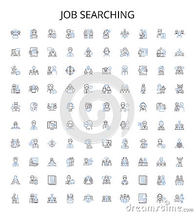 Job searching outline icons collection. Job hunting, Recruiting, Applying, Interviewing, Networking, Contracting Vector Illustration
