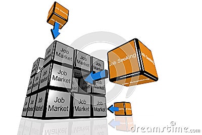 Job Seeking and the Job Market symbolized with flying cubes Stock Photo