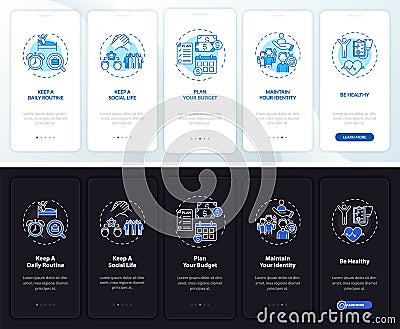 Job transition tips onboarding mobile app page screen with concepts Vector Illustration