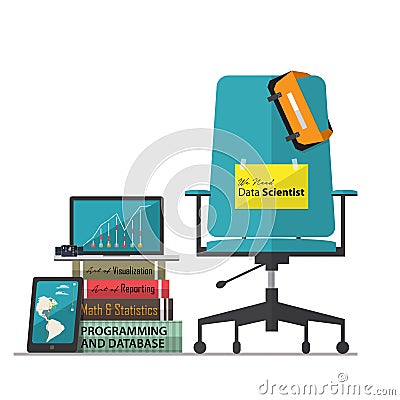 Job vacancy advertisement for Data Scientist with office workplace chair in flat design. Vector Illustration