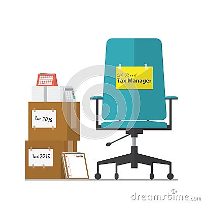 Job vacancy advertisement for Tax Manager with office workplace chair in flat design. Vector Illustration