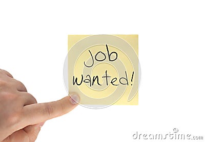 Job Wanted text on adhesive note and hand, isolated on white. Notepaper business concept Stock Photo