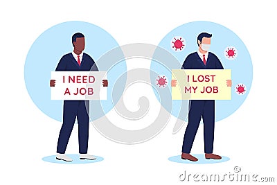 Jobless people with cardboard signs flat concept vector illustration set Vector Illustration