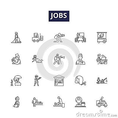 Jobs line vector icons and signs. Occupations, Employment, Career, Livelihood, Vocation, Posts, Positions, Opportunities Vector Illustration