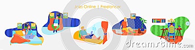 Jobs online, freelance people set. flat vector illustration Vector Illustration