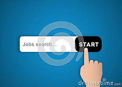 Jobs Search online Concept. Hand Touching touchscreen Button with search banner on blue background. new opportunity and job Stock Photo