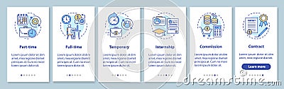 Jobs types onboarding mobile app page screen with linear concepts. Part-time, full-time, temporary, internship Vector Illustration