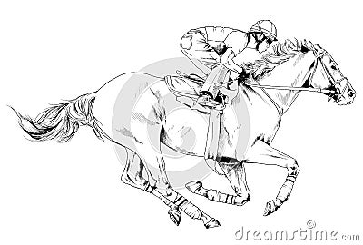 Jockey on a galloping horse painted with ink by hand Vector Illustration