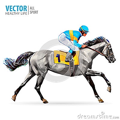 Jockey on horse. Champion. Horse racing. Hippodrome. Racetrack. Jump racetrack. Horse riding. Racing horse coming first Vector Illustration