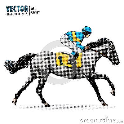 Jockey on horse. Champion. Horse racing. Hippodrome. Racetrack. Jump racetrack. Racing horse. Sport. Pop art style Vector Illustration