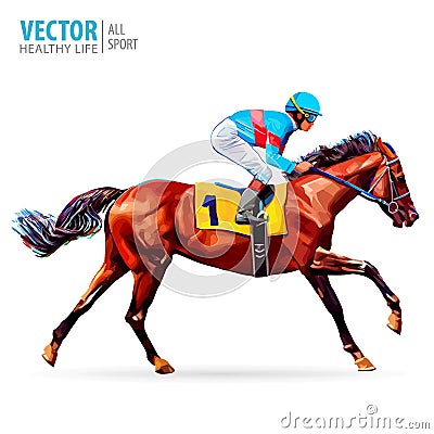 Jockey on horse. Champion. Horse racing. Hippodrome. Racetrack. Vector Illustration