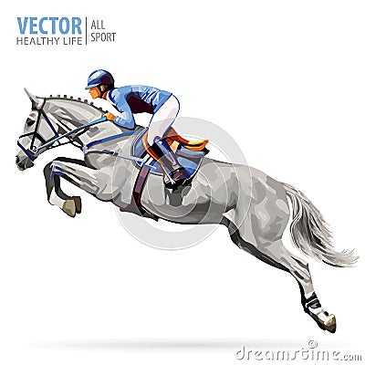 Jockey on horse. Champion. Horse riding. Equestrian sport. Jockey riding jumping horse. Poster. Sport background Vector Illustration