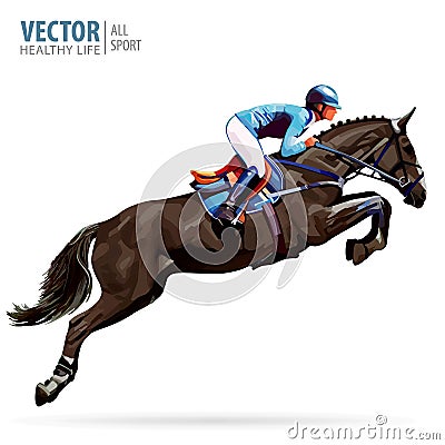 Jockey on horse. Champion. Horse riding. Equestrian sport. Jockey riding jumping horse. Poster. Sport background Stock Photo