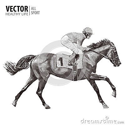 Jockey on horse. Champion. Horse racing. Hippodrome. Racetrack. Jump racetrack. Imitation of an ancient engraving Vector Illustration