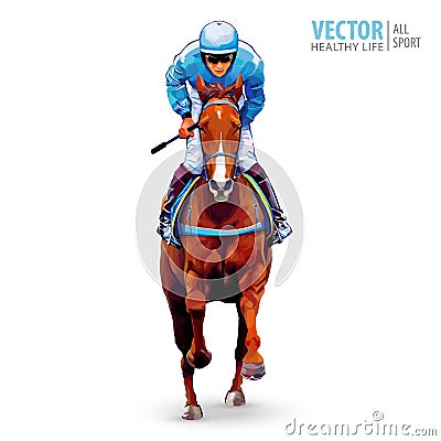 Jockey on horse. Champion. Horse racing. Hippodrome. Racetrack. Jump racetrack. Horse riding. Racing horse coming first Vector Illustration