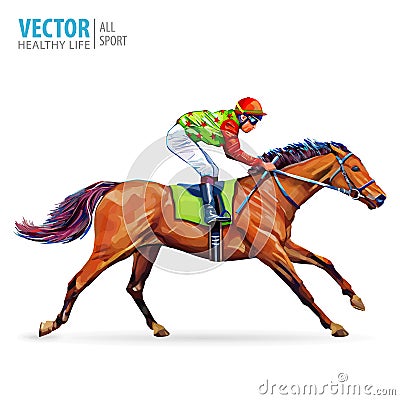 Jockey on horse. Champion. Horse racing. Hippodrome. Racetrack. Jump racetrack. Horse riding. Racing horse coming first Vector Illustration