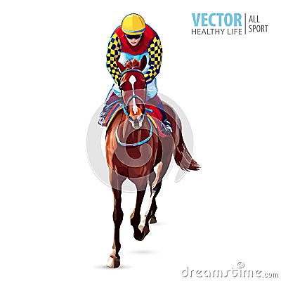 Jockey on horse. Champion. Horse racing. Hippodrome. Racetrack. Jump racetrack. Horse riding. Racing horse coming first Vector Illustration