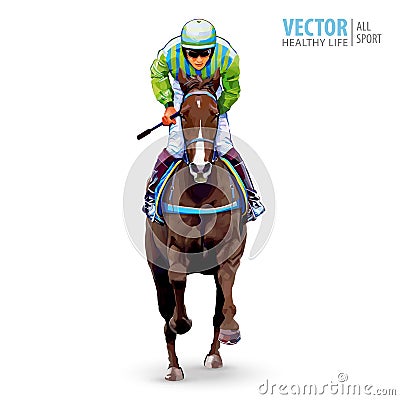 Jockey on horse. Champion. Horse racing. Hippodrome. Racetrack. Jump racetrack. Horse riding. Racing horse coming first Vector Illustration