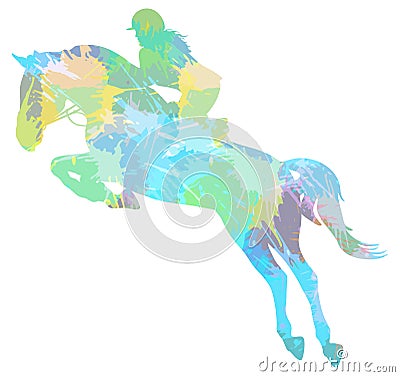 Jockey on jumping horse, equestrian sport. Colorful Splash blot. Vector illustration Vector Illustration