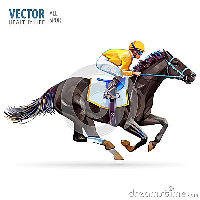 Jockey on racing horse. Champion. Hippodrome. Racetrack. Jump racetrack. Horse riding. Vector illustration. Derby Vector Illustration