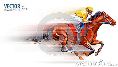 Jockey on racing horse. Champion. Hippodrome. Racetrack. Horse riding. Vector illustration. Derby. Speed. Blurred Vector Illustration