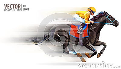Jockey on racing horse. Champion. Hippodrome. Racetrack. Horse riding. Vector illustration. Derby. Speed. Blurred Vector Illustration