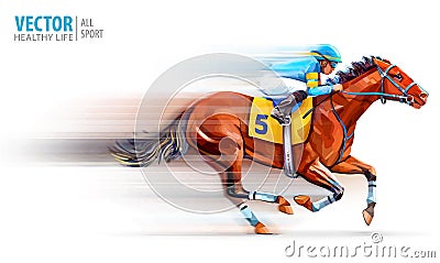 Jockey on racing horse. Champion. Hippodrome. Racetrack. Horse riding. Vector illustration. Derby. Speed. Blurred Vector Illustration
