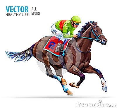 Jockey on racing horse. Sport. Champion. Hippodrome. Racetrack. Equestrian. Derby. Speed. Isolated on white background Vector Illustration