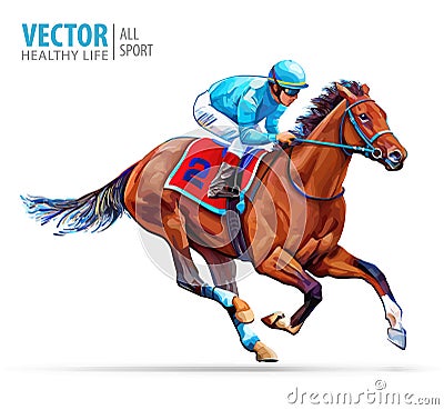 Jockey on racing horse. Sport. Champion. Hippodrome. Racetrack. Equestrian. Derby. Speed. Isolated on white background Vector Illustration