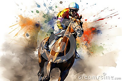 Jockey riding a horse on a racecourse. Colored watercolor splash. Abstract racing horse with jockey from splash of watercolors, AI Stock Photo