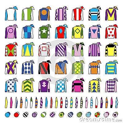 Jockey uniform. Traditional design. Jackets, silks, sleeves and hats. Horse riding. Horse racing. Icons set. Isolated on Vector Illustration