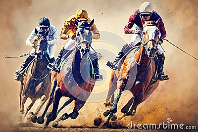 Jockeys during horse race on their horses running towards finish line, AI generated Stock Photo