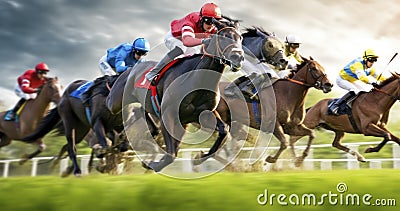 Jockeys and Their Steeds Racing Toward the Finish Line. Outdoor sport and competition. Generative AI Stock Photo