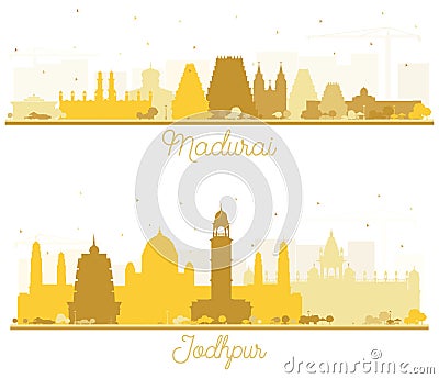 Jodhpur and Madurai India City Skyline Silhouettes Set with Golden Buildings Isolated on White Stock Photo