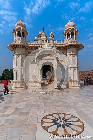 Jodhpur, Rajasthan, India - 20.10.2019 : Visitors enoying beautiful architecture of Jaswant Thada cenotaph. Makrana marble Editorial Stock Photo