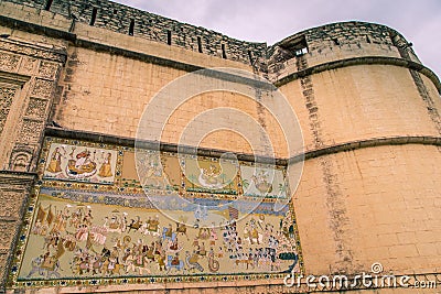 Beautiful coloured wall painted artwork at Rao Jodhaji Falsa Mehrangarh Fort, Jodhpur - Rajasthan, India Editorial Stock Photo