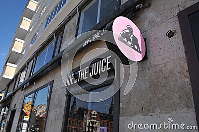 Danish brande name in business Joe & the juice cafe chain in Copenhagen Denmak Editorial Stock Photo