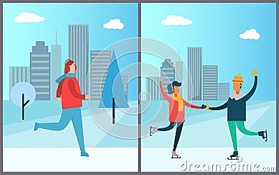 Jogger Running on Background of Skyscraper Couple Vector Illustration
